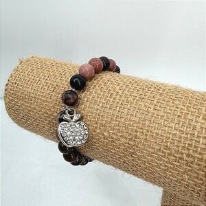 Rhodonite Beaded Bracelet Apple Charm Rhinestone Stretch Gift One Size